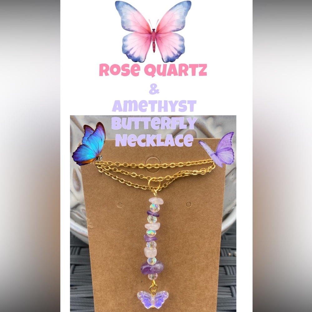 Rose quartz & Amethyst Butterfly Necklace🦋